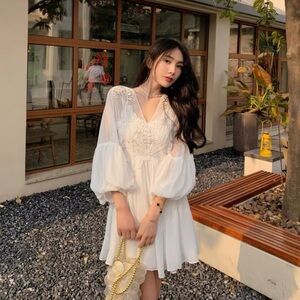 White Lace Two-Piece Dress - V-Neck Lantern Sleeves High-Waist Doll Style
